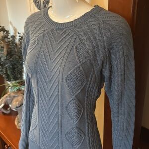 NWT FDJ size XS.Blue Gray Crew Neck Cable Knit Sweater with Geometric Patterns